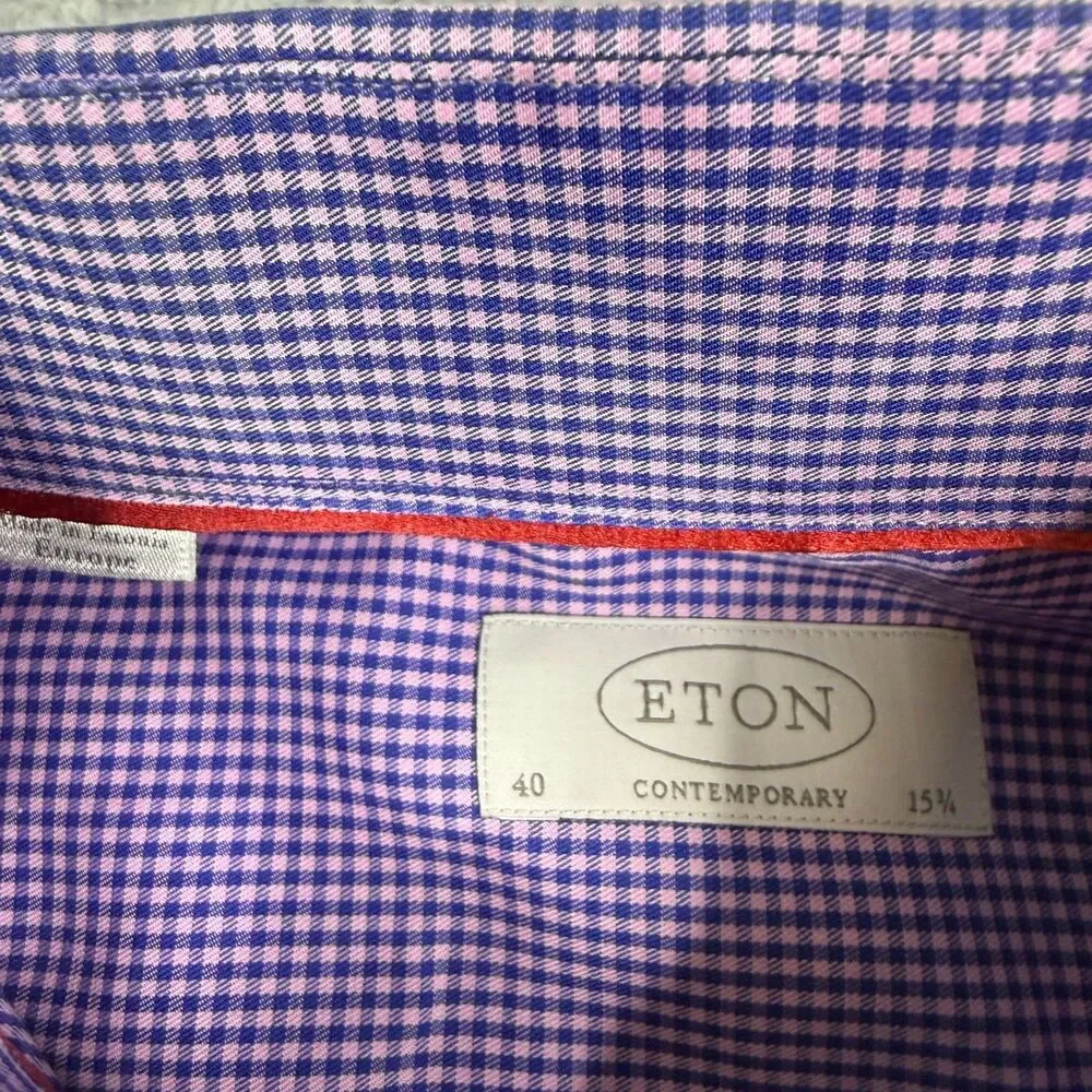 Eton Shirt Men 40 15 3/4 Purple Gingham Check Contemporary Long Sleeve Button Up